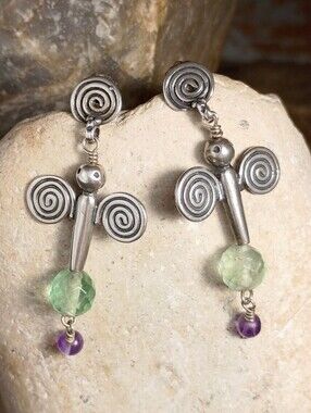 Vintage Sterling Silver Signed M&G Sculptural Artisan Dangle Earrings Amethyst